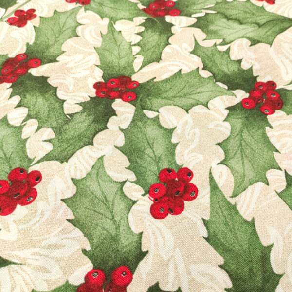 Tessuto Misto Cotone decorativo natalizio motivo vischio beige - rosso - verde