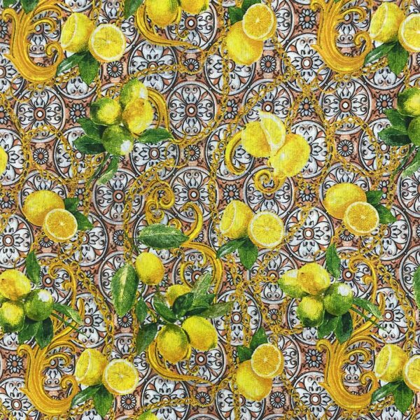 Tessuto Misto Cotone per arredo a fantasia motivo maiolica arancione - giallo - verde