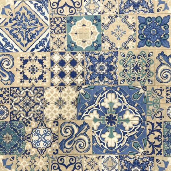 Tessuto Misto Cotone per arredo a fantasia motivo maiolica turchese - sabbia