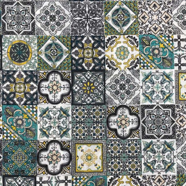 Tessuto Misto Cotone per arredo a fantasia motivo maiolica verde Tiffany - giallo - grigio
