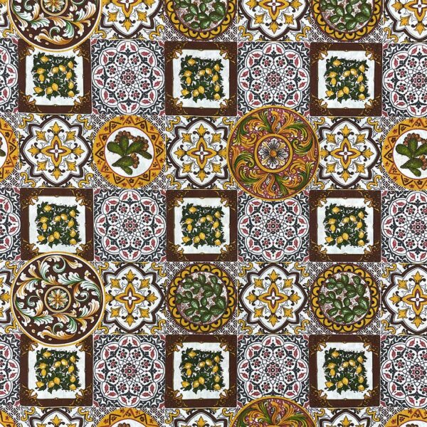 Tessuto Misto Cotone per arredo a fantasia motivo maiolica arancione - marrone - verde