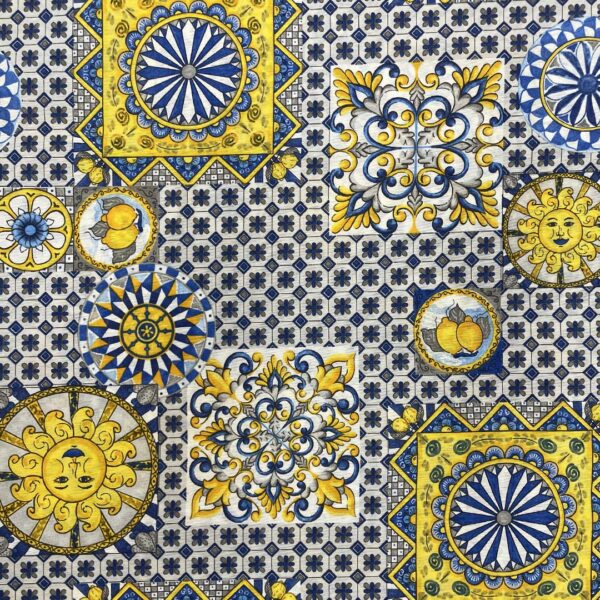 Tessuto Misto Cotone per arredo a fantasia motivo astratto bluette - giallo - grigio