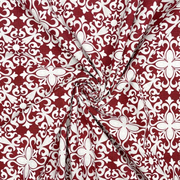 Tessuto Misto Cotone per arredo a fantasia motivo floreale astratto rosso bordeaux - bianco