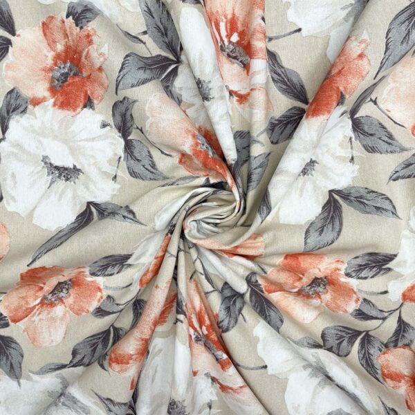 Tessuto Misto Cotone per arredo a fantasia motivo floreale beige - arancio - grigio