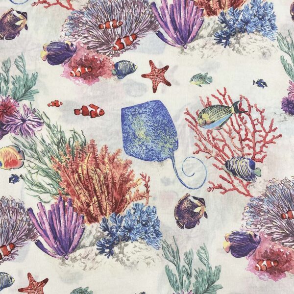 Tessuto Misto Cotone per arredo a fantasia motivo marino verde - viola - corallo