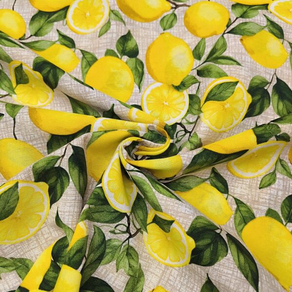 Tessuto Misto Cotone per arredo a fantasia motivo limoni beige - giallo - verde
