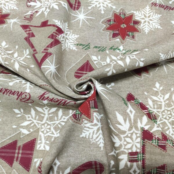 Tessuto Misto Cotone per arredo natalizio a fantasia con alberi e stelle rosso - tortora - bordeaux