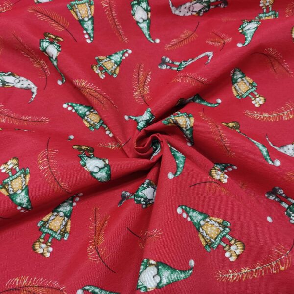 Tessuto Misto Cotone per arredo natalizio a fantasia con gnomi rosso - verde