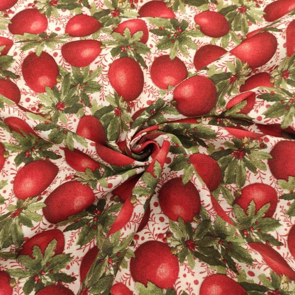 Tessuto Misto Cotone per arredo natalizio a fantasia con vischio e palle di natale rosso - verde - bianco