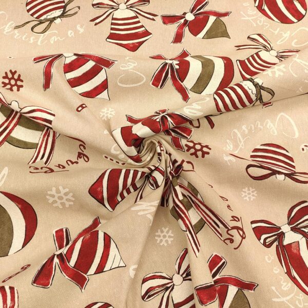 Tessuto Misto Cotone per arredo natalizio a fantasia con sfere beige - rosso - bianco