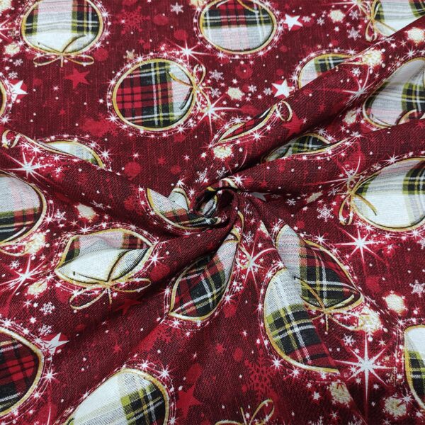 Tessuto Misto Cotone per arredo natalizio a fantasia con sfere bordeaux - verde - bianco