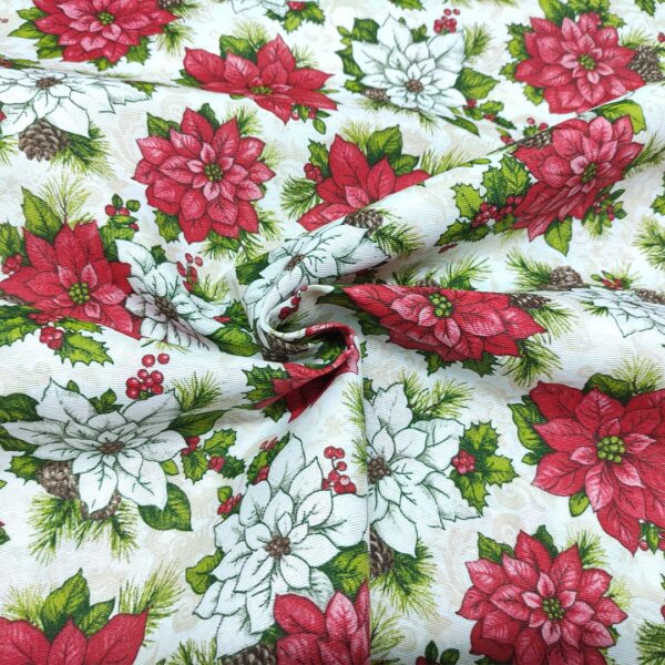 Tessuto Misto Cotone per arredo natalizio a fantasia con stella di natale rosso - verde - bianco