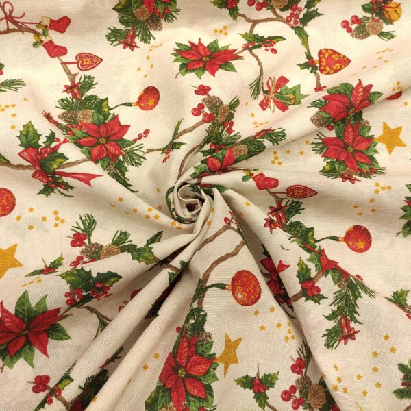 Tessuto Misto Cotone per arredo natalizio a fantasia con stelle di natale e rami panna - rosso - verde