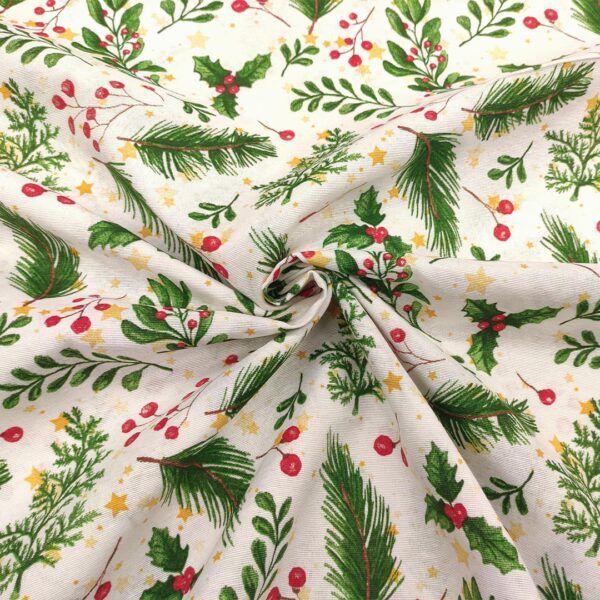 Tessuto Misto Cotone per arredo natalizio a fantasia con vischio verde - giallo - rosso - bianco