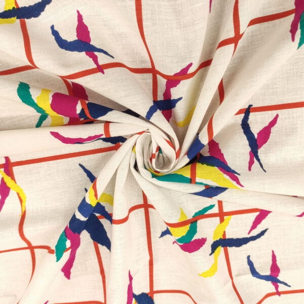 Tessuto Misto lino a fantasia motivo astratto bianco - rosso - giallo