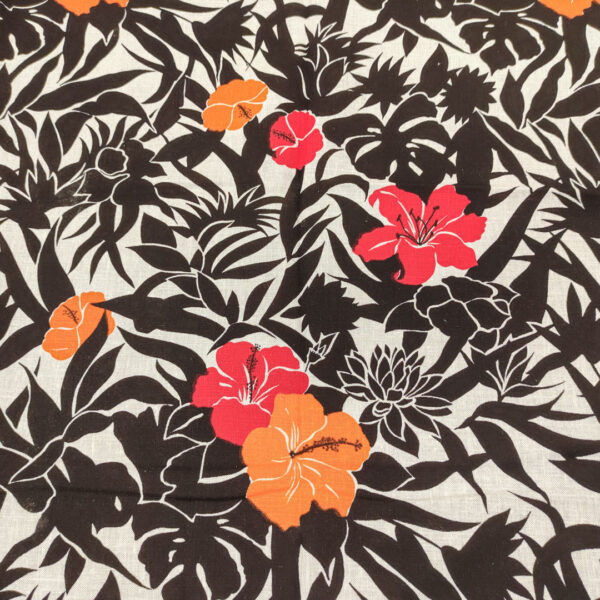 Tessuto Misto lino a fantasia motivo floreale bianco - nero - arancio