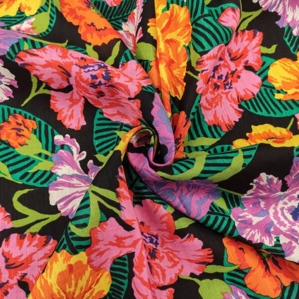 Tessuto Misto lino a fantasia motivo floreale fucsia - nero - verde