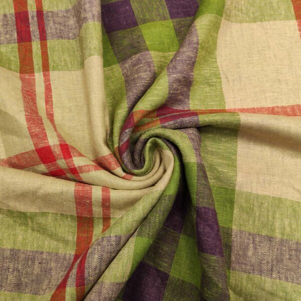 Tessuto Misto Lino a fantasia motivo quadri beige - viola - verde