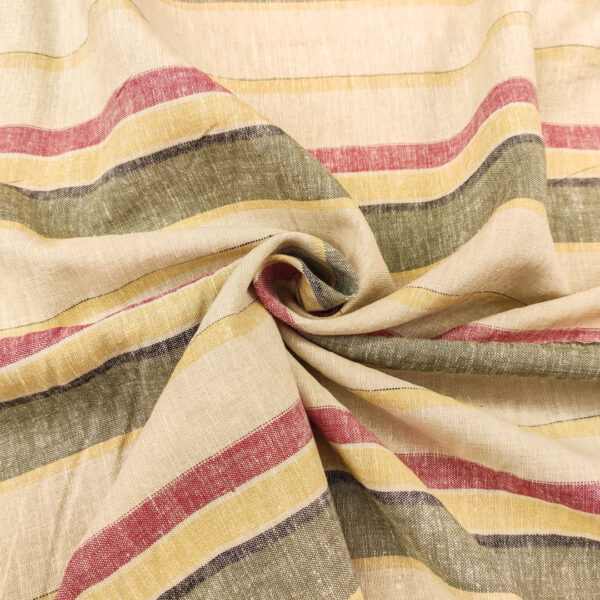 Tessuto Misto lino a fantasia motivo rigato verde militare - ocra - rosso