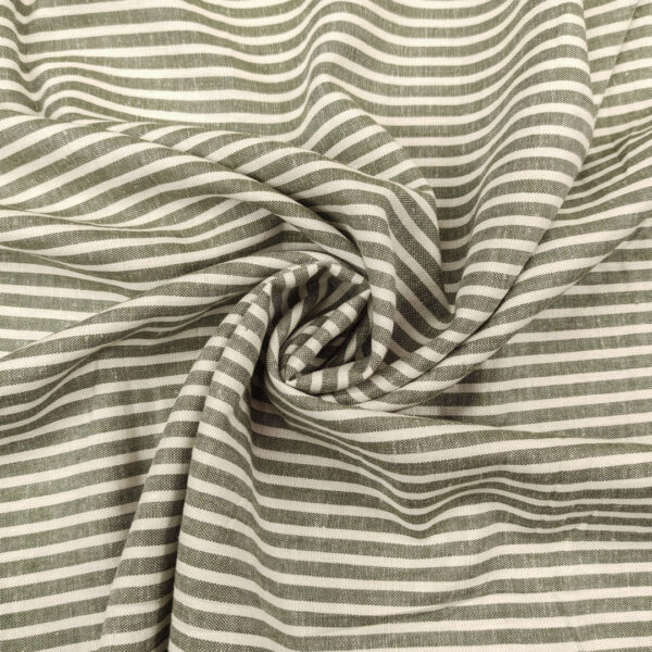 Tessuto Misto lino a fantasia motivo rigato stretto verde militare - bianco
