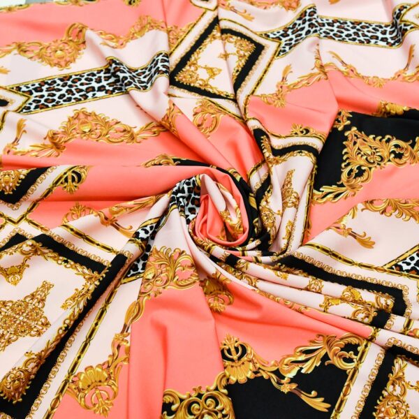 Tessuto Misto Viscosa a fantasia motivo astratto nero - corallo