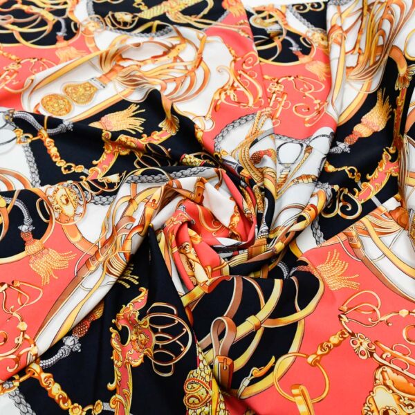 Tessuto Misto Viscosa a fantasia motivo astratto corallo - nero