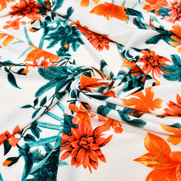 Tessuto Misto Viscosa a fantasia motivo floreale  bianco - arancione