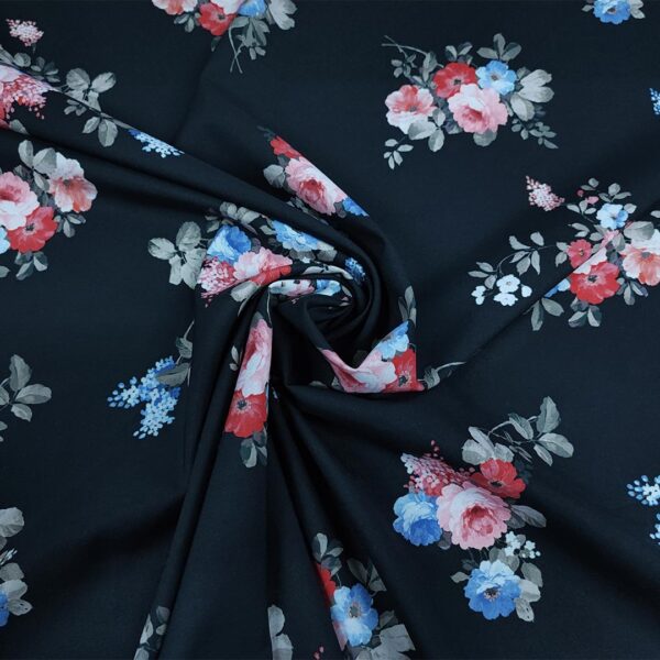 Tessuto Misto Viscosa a fantasia motivo floreale nero - rosso - celeste