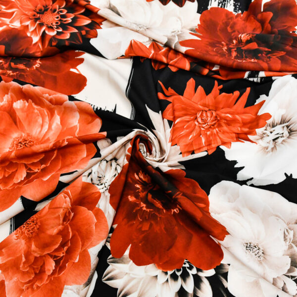 Tessuto Misto Viscosa a fantasia motivo floreale beige - nero - rosso