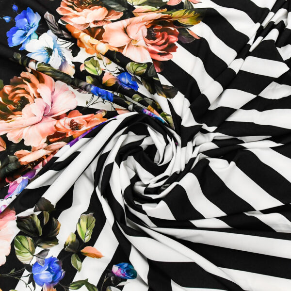 Tessuto Misto Viscosa a fantasia motivo rigato - floreale bianco - nero