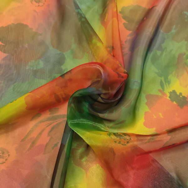 Tessuto Organza a fantasia motivo floreale arancione - verde - giallo