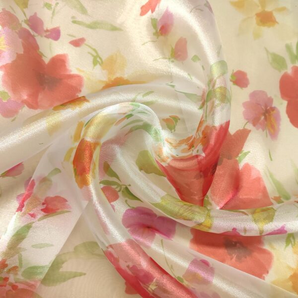 Tessuto Organza a fantasia motivo floreale bianco - rosso - verde