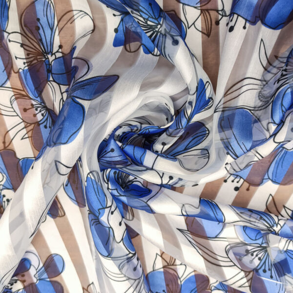 Tessuto Organza devorè a fantasia motivo floreale bianco - blu elettrico - nero