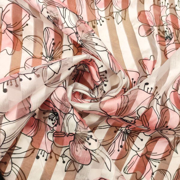 Tessuto Organza devorè a fantasia motivo floreale bianco - corallo - nero