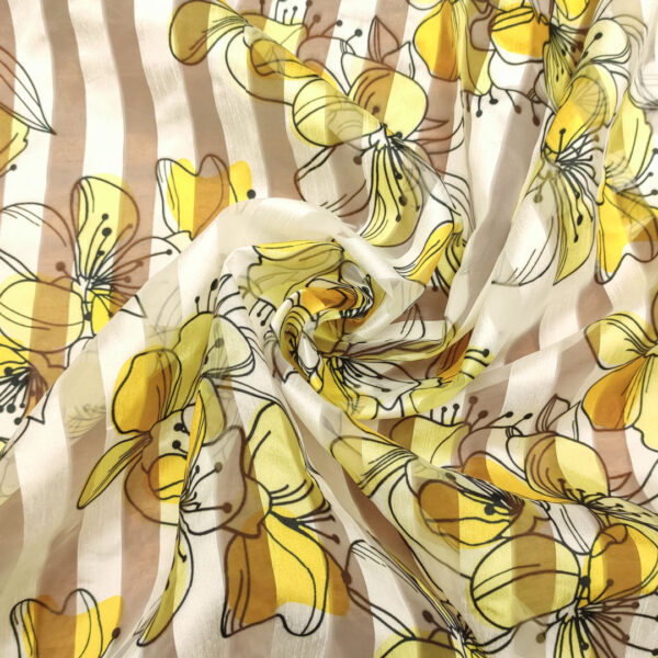 Tessuto Organza devorè a fantasia motivo floreale bianco - giallo - nero