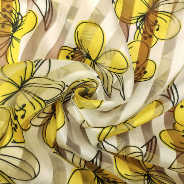 Tessuto Organza devorè a fantasia motivo floreale bianco - nero - giallo