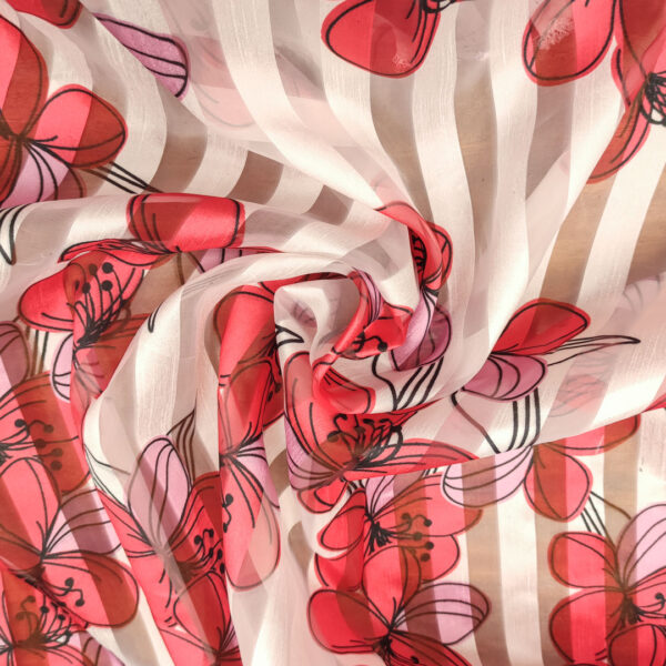 Tessuto Organza devorè a fantasia motivo floreale bianco - rosa - rosso