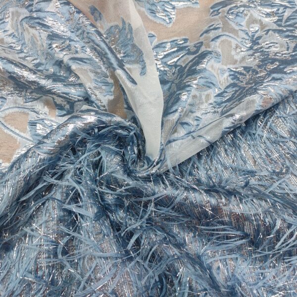 Tessuto organza jacquard motivo floreale con frange lurex argento - carta da zucchero