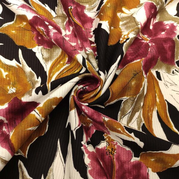 Tessuto Ottoman in misto cotone a fantasia motivo floreale nero - senape - ciliegio