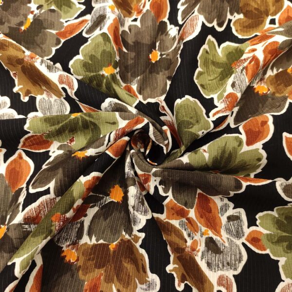 Tessuto Ottoman in misto cotone a fantasia motivo floreale nero - verde militare - ruggine