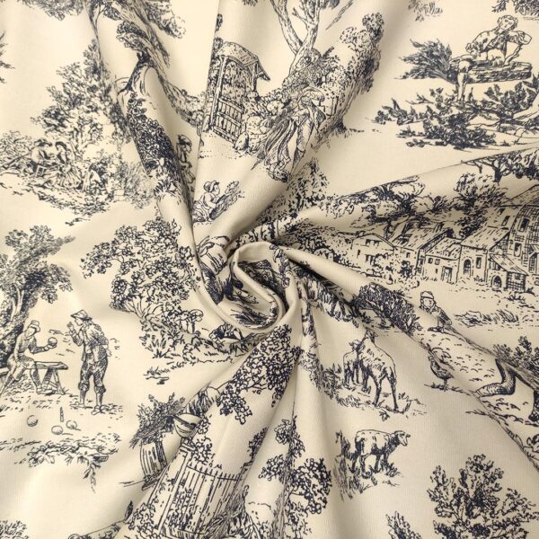 Tessuto Panama in cotone per arredo a fantasia motivo astratto bianco seta - blu navy