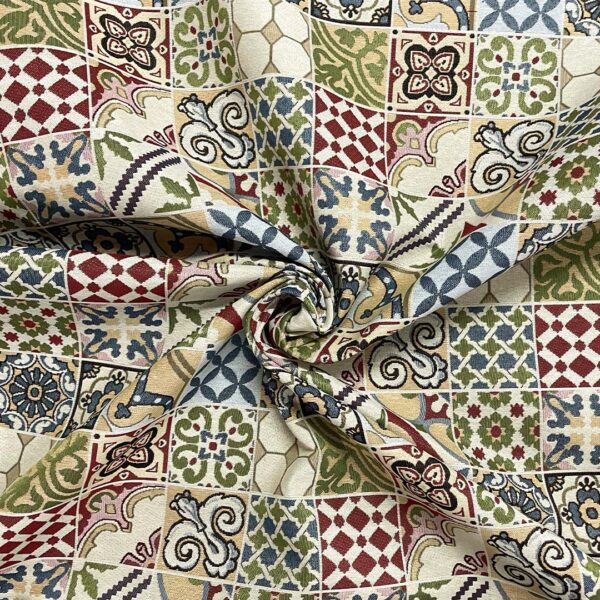 Tessuto per arredo Gobelin a fantasia motivo maiolica beige - verde acido - azzurro - bordeaux - arancio