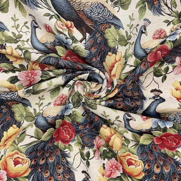 Tessuto per arredo Gobelin a fantasia motivo astratto beige - arancio - azzurro - verde