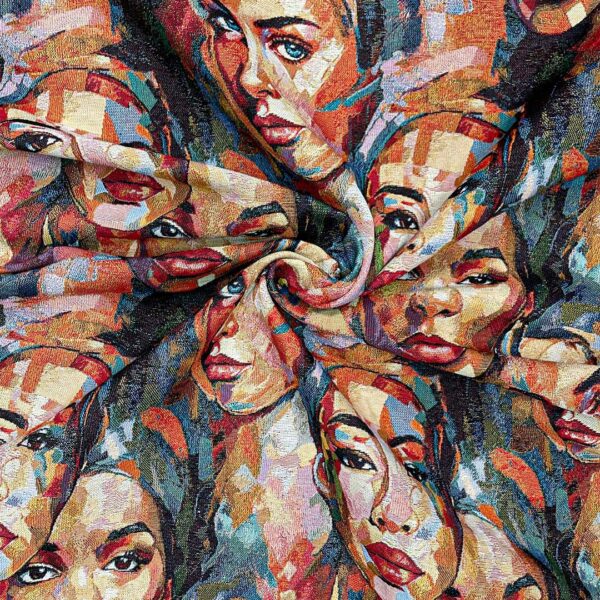 Tessuto per arredo Gobelin a fantasia motivo astratto grande verde ottanio - arancio - rosso