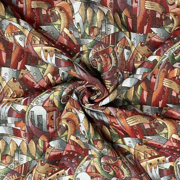 Tessuto per arredo Gobelin a fantasia motivo astratto verde - arancio - bordeaux - azzurro