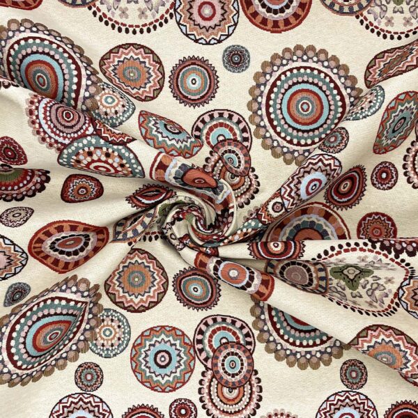 Tessuto per arredo Gobelin a fantasia motivo etnico beige - turchese - bordeaux - verde