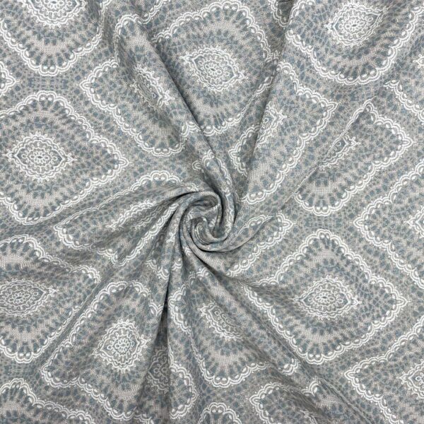 Tessuto per arredo Gobelin a fantasia motivo etnico tortora - panna - azzurro