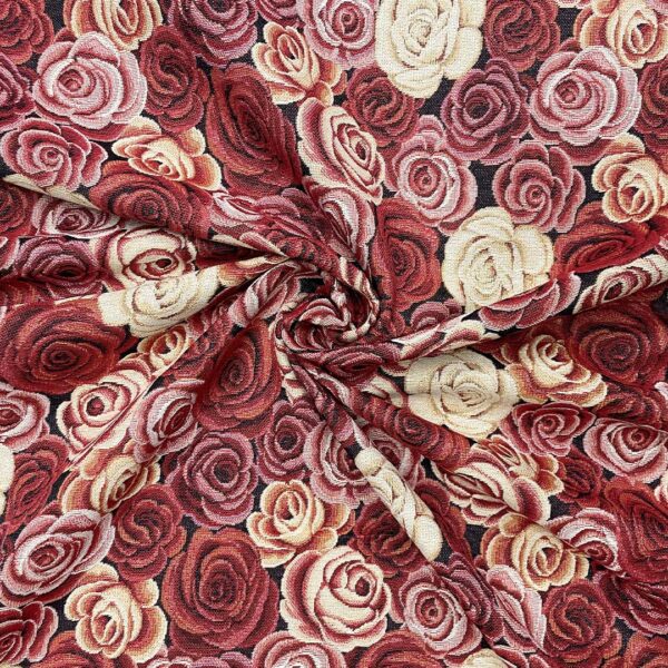 Tessuto per arredo Gobelin a fantasia motivo floreale rosso - bordeaux - beige - nero