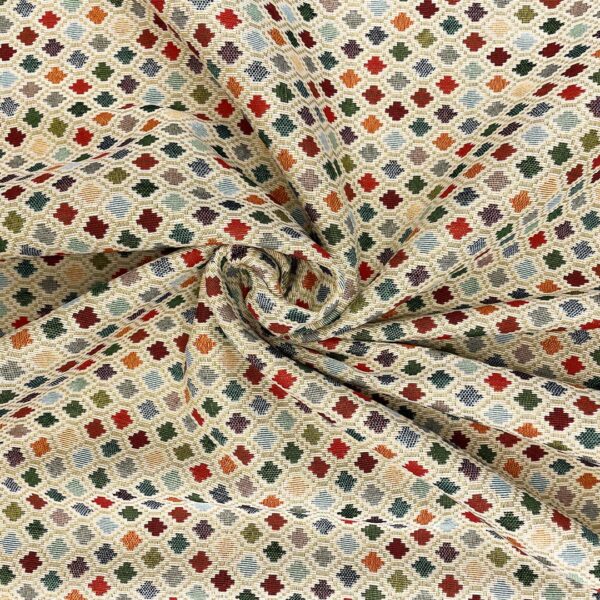 Tessuto per arredo Gobelin a fantasia motivo geometrico beige - verde - arancio - rosso - bordeaux