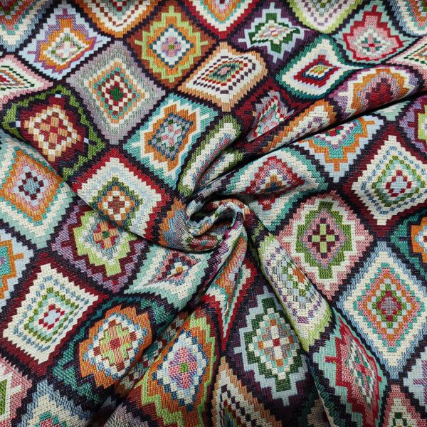 Tessuto per arredo Gobelin a fantasia motivo geometrico celeste - turchese - lilla - beige - bordeaux